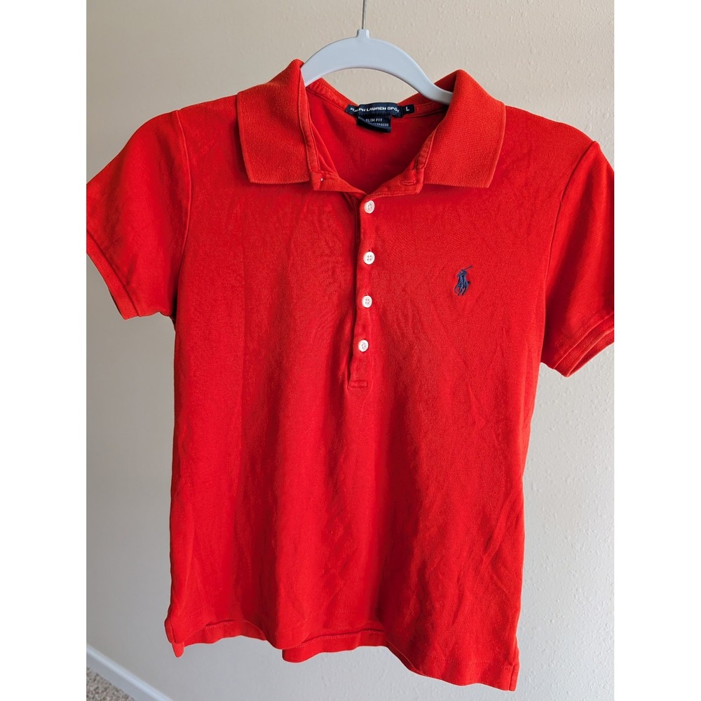 Ralph Lauren Sport Womens Red Slim Fit Short Sleeve Pique Polo Shirt Size L